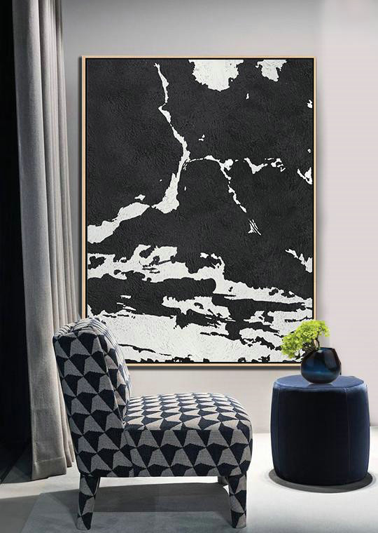 Large Modern Abstract Painting,Black And White Minimalist Painting On Canvas - Large Abstract Wall Art